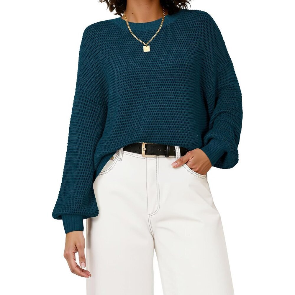 Womens Wool Blend Crewneck Sweater Oversized Waffle Fall Trendy